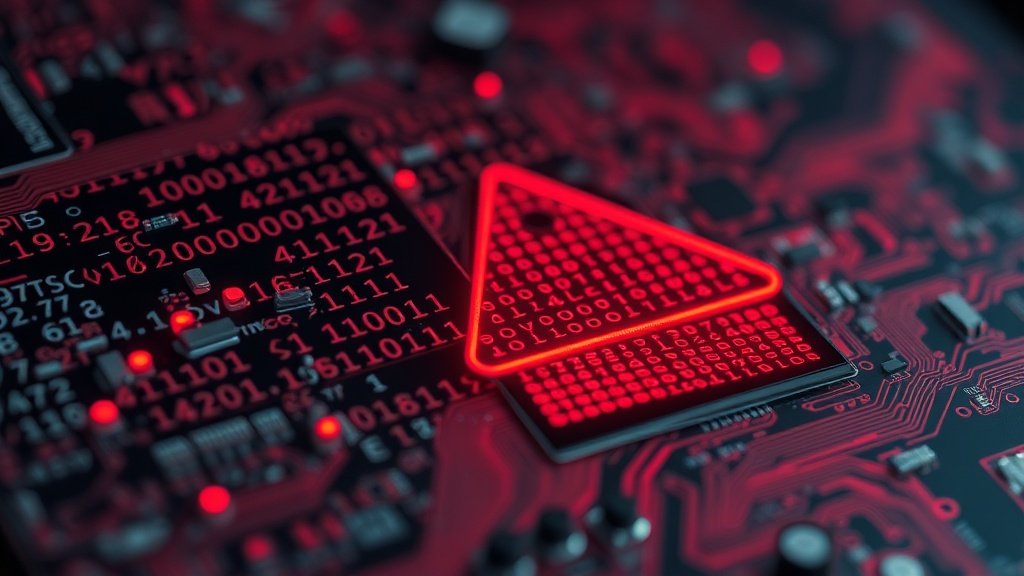 Makrofotograafia vanast arvutikoodi haavatavusest, mis on esile toodud punaste hoiatusm&auml;rkidega, detailne elektroonika ja binaarkood, fotorealistlik, s&uuml;gav teravuss&uuml;gavus, draamatiline valgustus