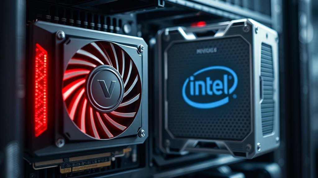 Fotorealistlik lähiplaan NVIDIA Vera Rubin GPU-st ja traditsioonilisest Intel Xeon CPU-st kõrvuti serveririiulil, detailne metalli ja valguse peegeldus, dramatic cinematic lighting