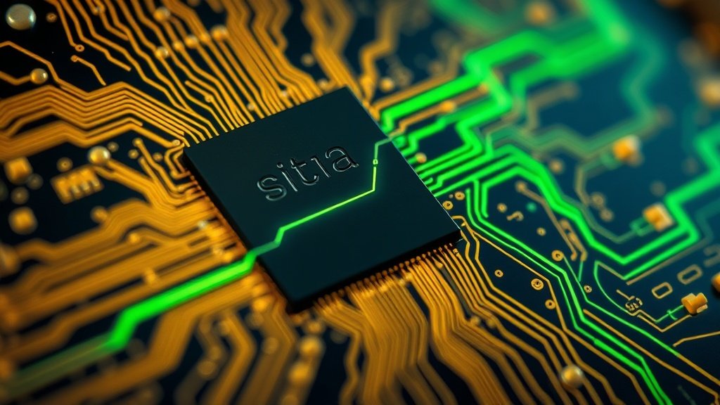 Makrofotograafia detailne elektrooniline ränikiip, mille pinnal on peened kuldsed juhtmed ja rohelised vooluahelad, mis esindavad keeleliste andmete ülekandmist, photorealistic, sügav teravussügavus, draamatiline valgustus