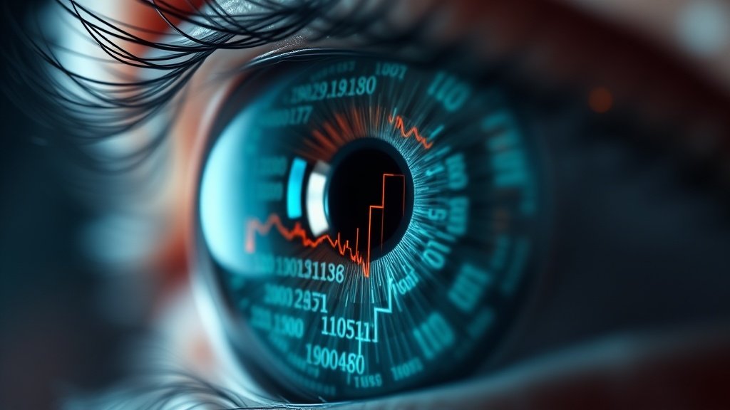 Makrofotograafia detailne pilt poolläbipaistvast mehaanilisest silmast, mis peegeldab arvutikoodi ja finantsdiagramme, dramaatiline valgus ja madal teravussügavus