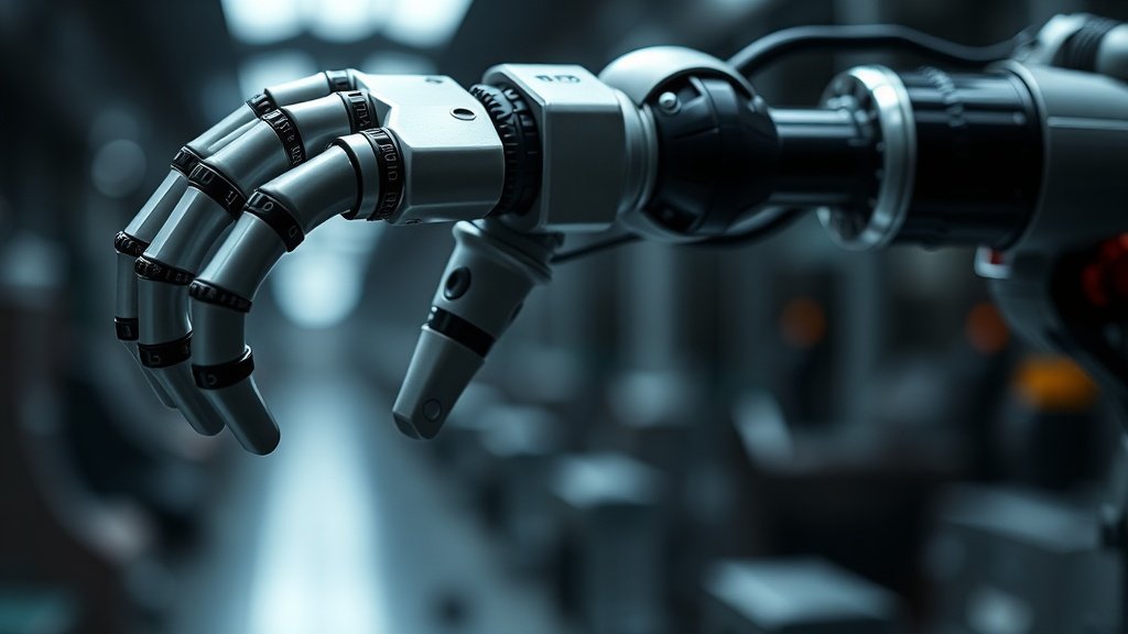 Fotorealistlik makrofotograafia Boston Dynamicsi stiilis robotkäest, mis loeb keerulist tööstuslikku mõõteriista gauge'i, terav fookus eesplaanil ja pehme taust, dramatic cinematic lighting