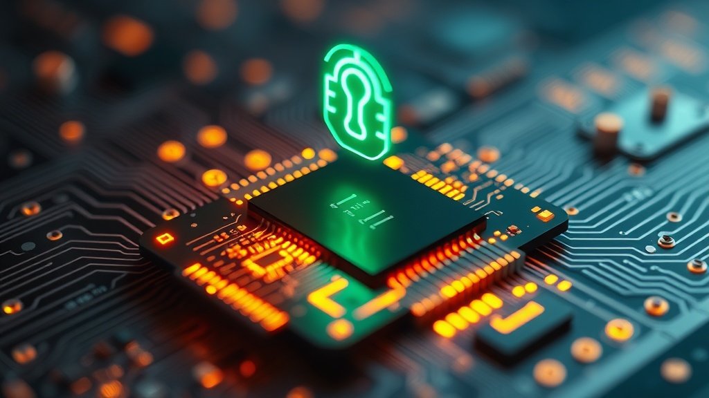 Makrofotograafia hõõguvast mikrokiibist, mille pinnal on näha peeneid vooluringe ja rohelist holograafilist AI agendi ikooni, terav sügavusega fookus ja draamatiline valgustus