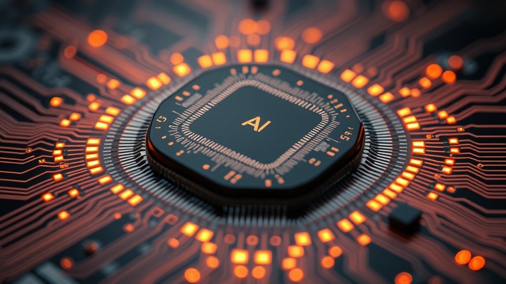 Editorial photorealistic makrofotograafia Cerebras wafer-scale AI kiibist, millel on näha tohutut ühtset ränistruktuuri, hõõguvad vooluringid ja peegeldused, sügav teravussügavus ja draamaline valgustus