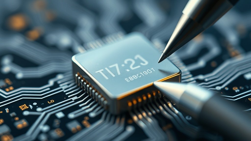 Makrofotograafia hõõguvast mikrokiibist ja digitaalsest disainivahendist, mis ühendab füüsilise arvutustehnika visuaalse loominguga, terav fookus ja cinematic valgustus