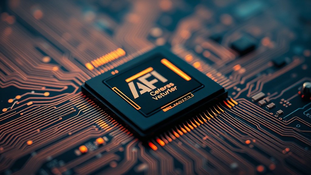 Detailne fotorealistlik makrofoto metallist AI kiibist Cerebras tootelt, millel on nähtavad keerulised vooluringid ja hõõguvad elemendid, terav sügavusväli ja draamatiline valgustus