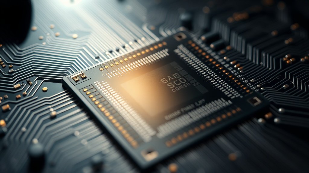 Makrofotograafia detailne pooljuhtkiip, mille pinnal peegelduvad elektroonilised vooluringid ja peenikene valgusefekt, fotorealistlik, sügav teravussügavus