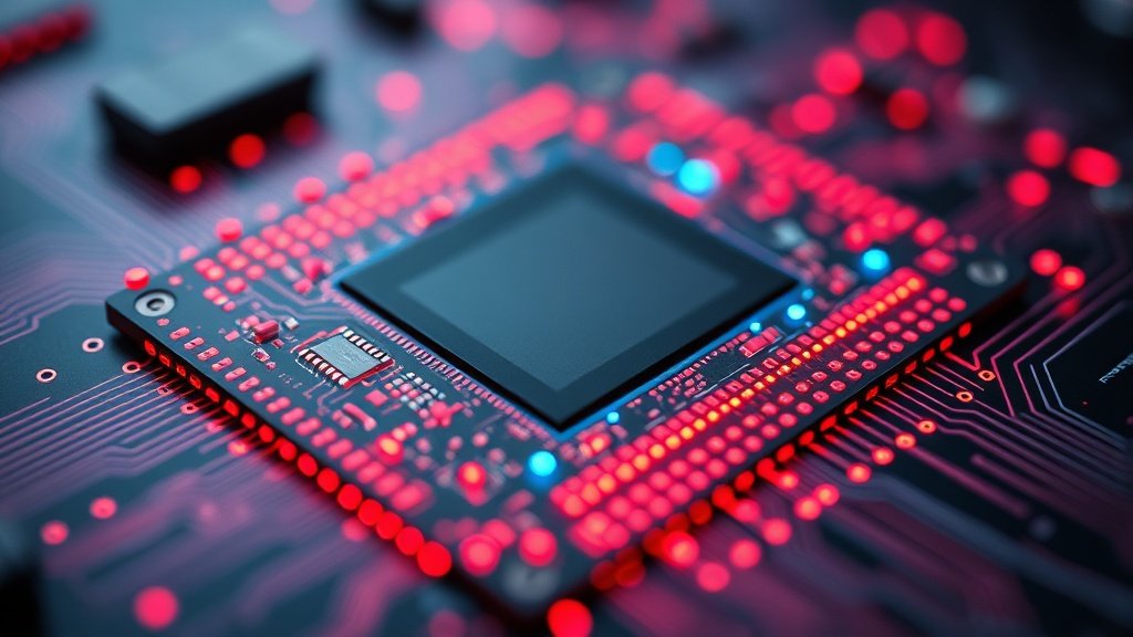 Makrofotograafia detailne elektrooniline kiip, mille pinnal peegelduvad punased ja sinised valgussignaalid, kujutades küberturvalisuse haavatavusi ja AI võimet leida varjatud turvaauke