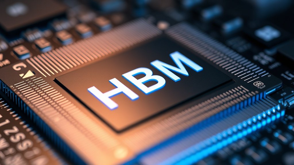 Makrofotograafia detailne pooljuhtkiip koos täiustatud pakendamisega, hõõguvad HBM mälumoodulid ja metallist pinnad, photorealistic editorial stiilis, sügav teravussügavus ja draamaline valgustus