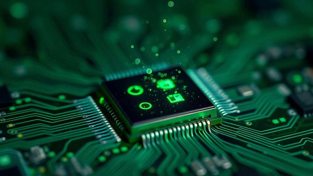 Makrofotograafia väikesest rohelisest elektroonilisest kiibist, mis esindab OpenAI Privacy Filterit, detailse tekstuuriga, pehmete valgusefektidega ja terava fookusega, näidates andmete puhastamise kontseptsiooni.