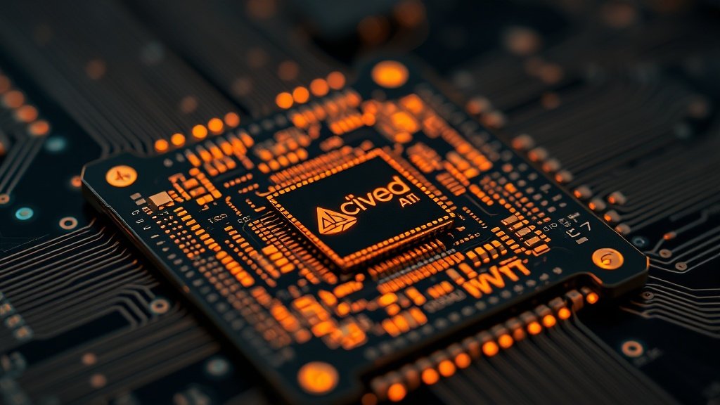 Makrofotograafia Huawei Ascend AI kiibist, kus näha detailseid vaskjuhtmeid ja hõõguvaid transistorite mustreid sügava teravussügavusega, draamatilise sinakasvalge valgustusega editorial stiilis