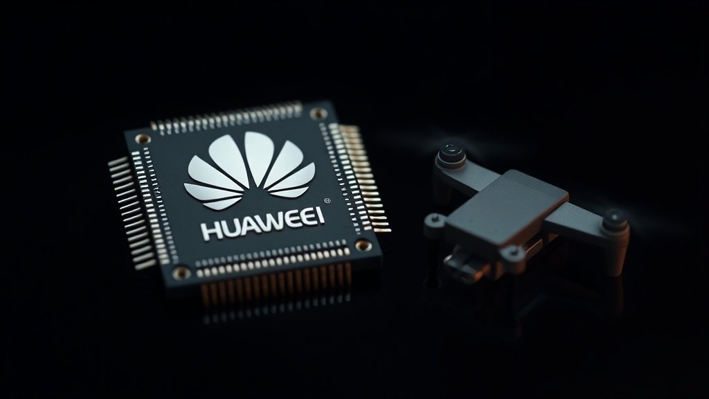 Fotorealistlik makrofotograafia detailne Huawei AI-kiip ja droonikomponent Musta mere taustal, terav sügavusega, dramaatiline cinematic valgustus, puhas kompositsioon, esindades geopoliitilist AI-võistlust