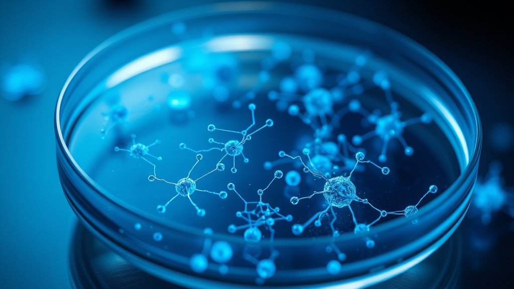 Makrofotograafia detailne klaasist Petri tass, milles hõljuvad molekulaarsed struktuurid ja hõõguvad sinised närviühendused, fotorealistlik, sügav teravussügavus, draamaline valgustus