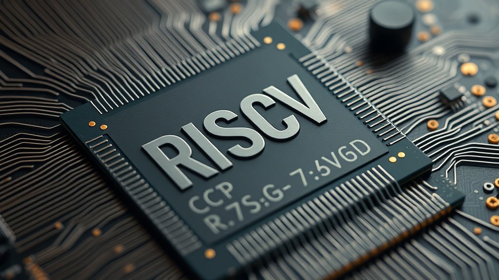 Fotorealistlik makrofotograafia detailne vaade RISC-V protsessori räni mikroarhitektuurile, kus on näha juhtmed ja transistorid, sügav teravussügavus, draamatiline kinemaatiline valgustus puhtal kompositsioonil