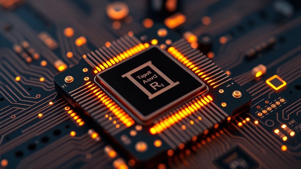 Fotorealistlik makrofotograafia detailne läikiv TPU kiip, mille mikroskoopilised vooluringid hõõguvad rohekas-siniselt, terav fookus esiosas ja pehme taust, dramatic cinematic lighting