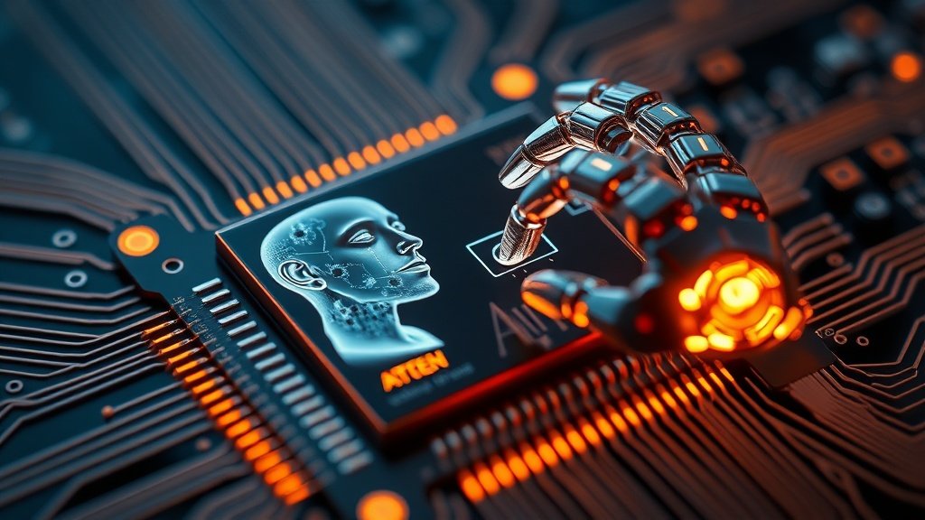 Makrofotograafia detailne vaade elektroonilisest kiibist, millel on peegeldus inimese silmast ja robotkäest, fotorealistlik, sügav teravussügavus, dramaatiline valgustus