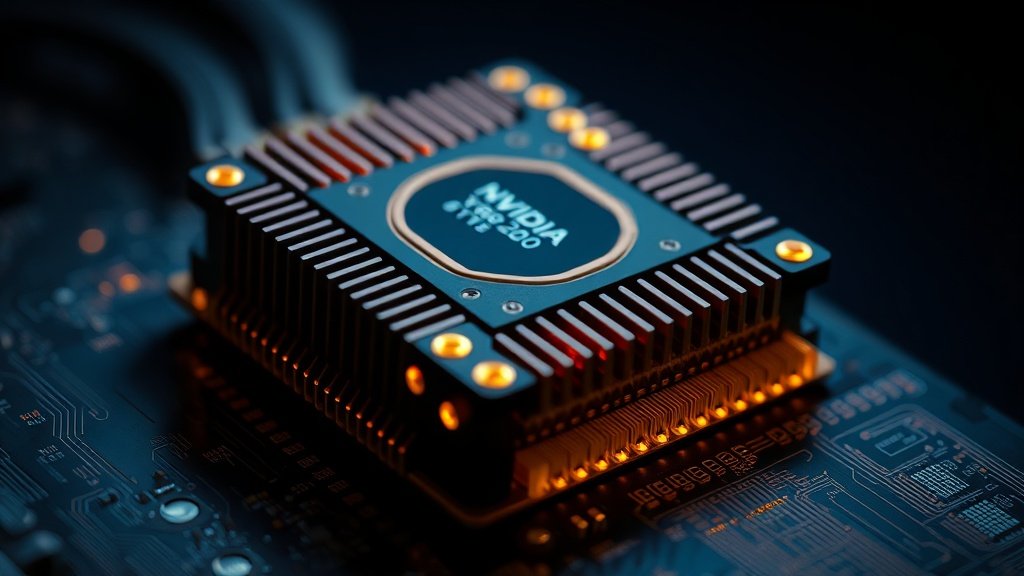 Makrofotograafia detailne NVIDIA GB200 GPU kiip, mis hõõgub sooja valgusega andmekeskuse serveriruumis, terav fookus metallilistele kontaktidele ja jahutuselementidele, cinematic valgustus.