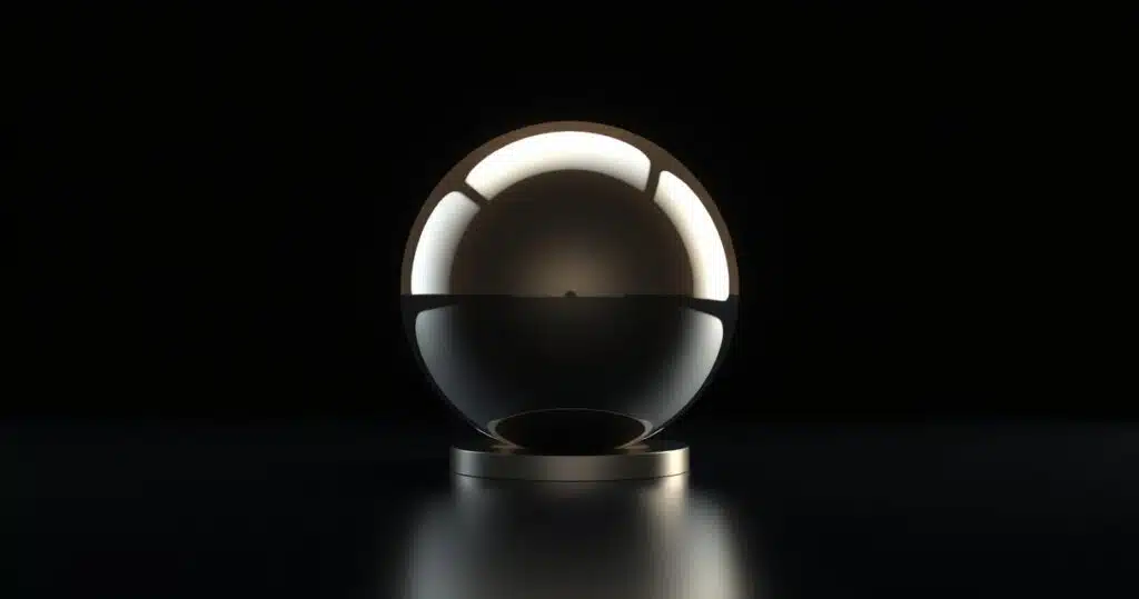 Kõrge kvaliteediga 3D render läikivast titaanist sfäärist, mis sümboliseerib tohutut kapitali ja võimu AI tööstuses, tumedal minimalistlikul taustal, cinematic stuudio valgustus