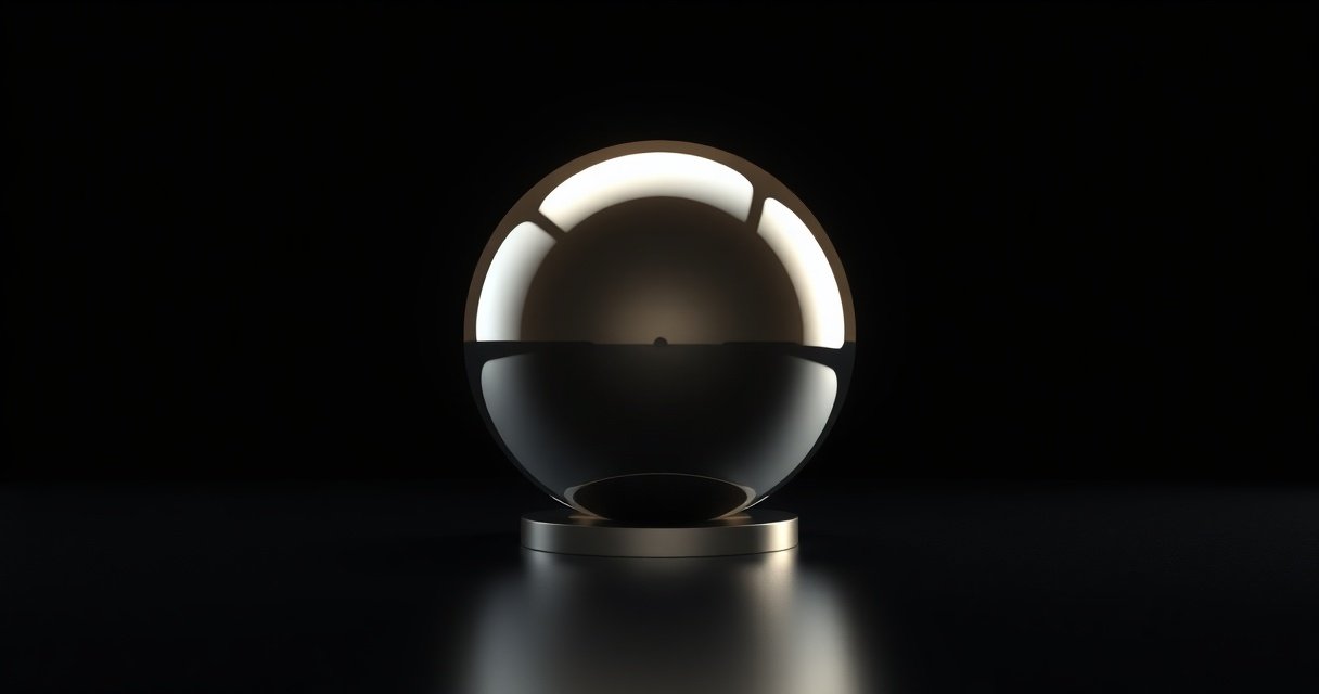 Kõrge kvaliteediga 3D render läikivast titaanist sfäärist, mis sümboliseerib tohutut kapitali ja võimu AI tööstuses, tumedal minimalistlikul taustal, cinematic stuudio valgustus