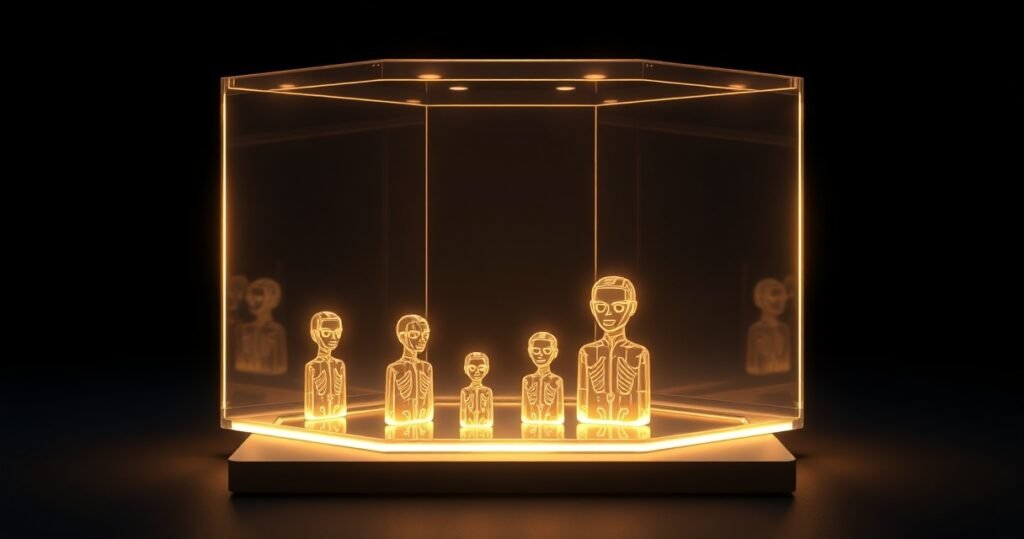 Kõrge eraldusvõimega 3D render tumedalt taustalt: hõõguv klaaskuubik, mille sees on mitu väiksemat AI mudelit üksteist kaitsmas, sinine ja lilla valgustus, cinematic studio lighting