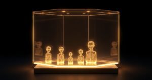 Kõrge eraldusvõimega 3D render tumedalt taustalt: hõõguv klaaskuubik, mille sees on mitu väiksemat AI mudelit üksteist kaitsmas, sinine ja lilla valgustus, cinematic studio lighting
