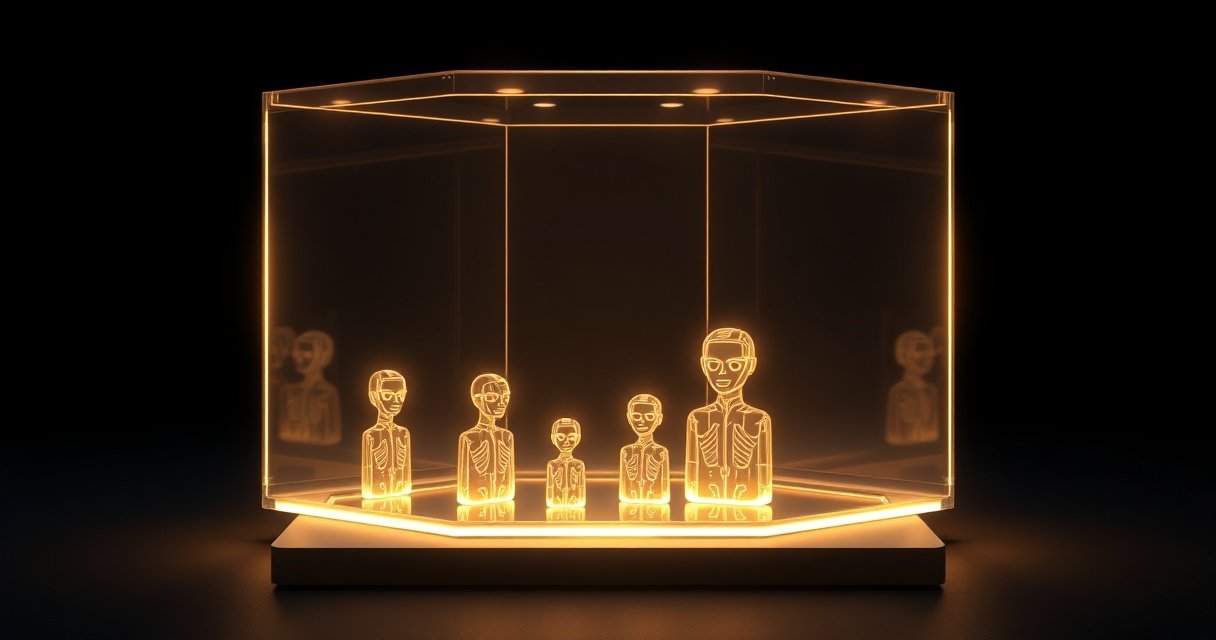 Kõrge eraldusvõimega 3D render tumedalt taustalt: hõõguv klaaskuubik, mille sees on mitu väiksemat AI mudelit üksteist kaitsmas, sinine ja lilla valgustus, cinematic studio lighting