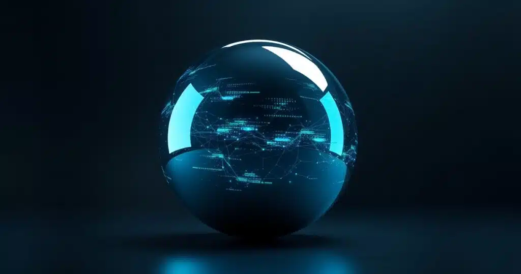 Kõrge resolutsiooniga 3D render poleeritud titaanist sfäärist, mis peegeldab siniseid ja rohelisi AI mudelite ikoone, tumedal minimalistlikul taustal, cinematic stuudio valgustusega premium tech tootevõte stiilis