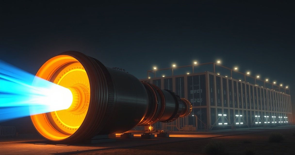 Massiivne tööstuslik gaasiturbiin hõõguva sinise leegiga öises kõrbes, kõrval tohutu andmekeskuse hoone, cinematic 3D render, tumedad toonid ja dramaatiline valgustus