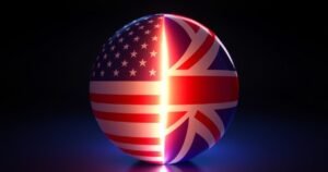 Kõrge kvaliteediga 3D render läikivast metallist Claude AI logost, mis on poolitatud Ameerika ja Briti lipu värvideks tumedal taustal, cinematic studio valgustus, premium tech toote foto