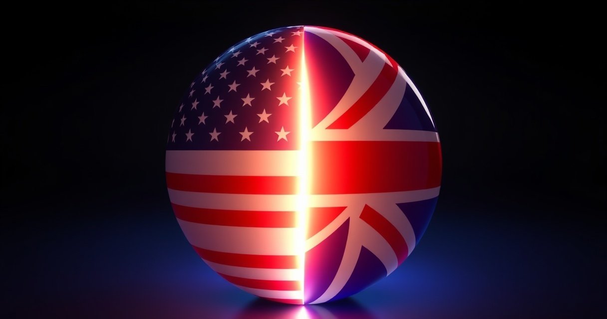 Kõrge kvaliteediga 3D render läikivast metallist Claude AI logost, mis on poolitatud Ameerika ja Briti lipu värvideks tumedal taustal, cinematic studio valgustus, premium tech toote foto