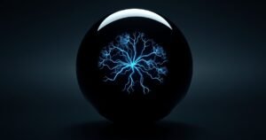 Sleek metallic titanium sphere with glowing blue neural circuit patterns floating in a dark minimalist studio, representing Microsoft's new MAI foundational AI models, high-end 3D product photography with cinematic lighting