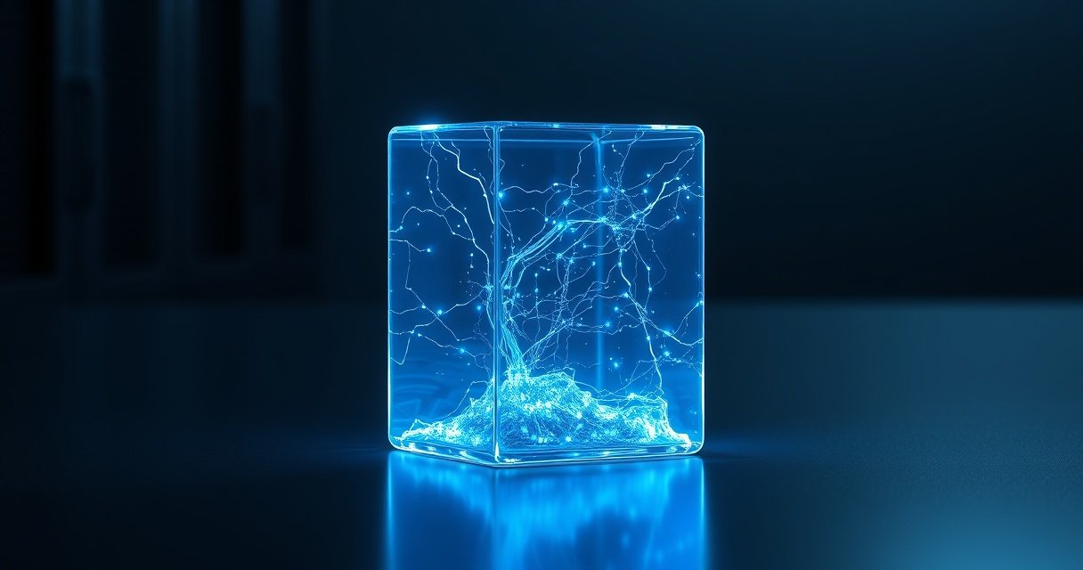 Kõrge eraldusvõimega 3D-renderdus hõõguvast klaaskuubist, milles voolab sinine elektrienergia, ümbritsetud serverirackide ja mikrokiipidega tumedal minimalistlikul taustal, cinematic studio valgustus