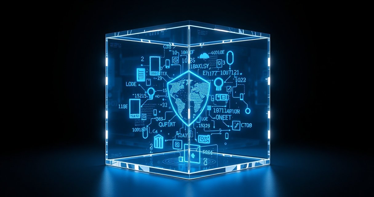 Kõrge resolutsiooniga makrofotograafia läbipaistvast klaaskuubist, milles hõõgub sinine digitaalne kood ja haavatavuste sümbolid, tumedal minimalistlikul taustal, cinematic stuudio valgustusega premium tech blogi stiilis
