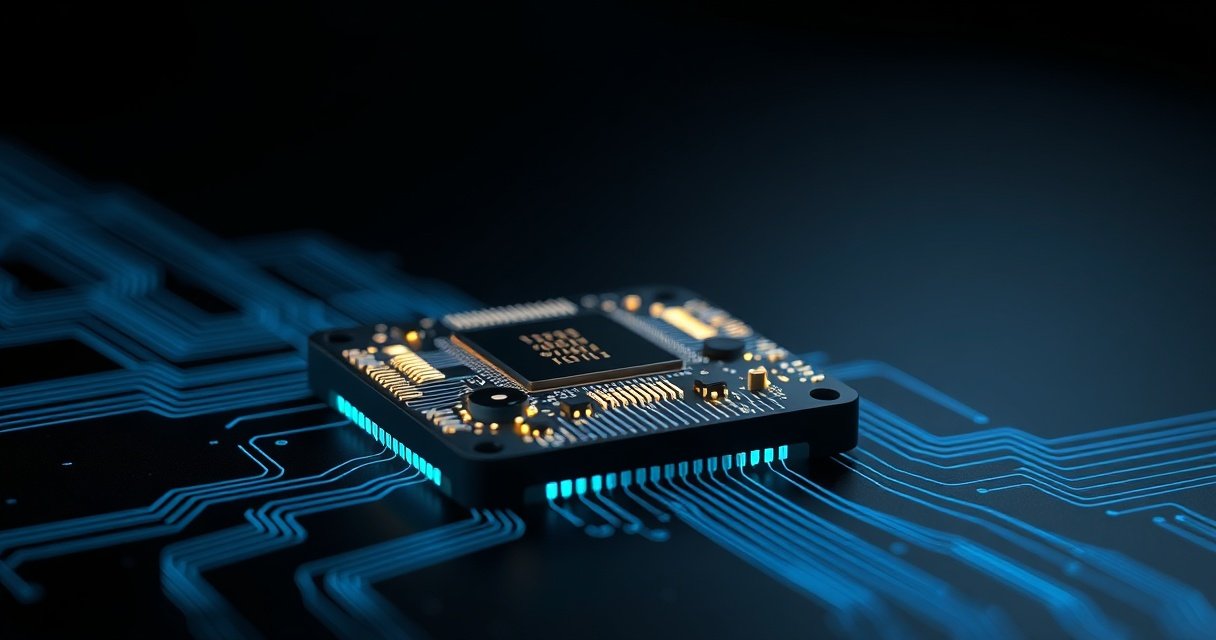 Kõrge eraldusvõimega makrofotograafia hõõguvast räni AI-mikrokiibist tumedas tehnikalaboris, sinakad valgused peegelduvad poleeritud metallpinnalt, cinematic studio valgustus, premium tech toode