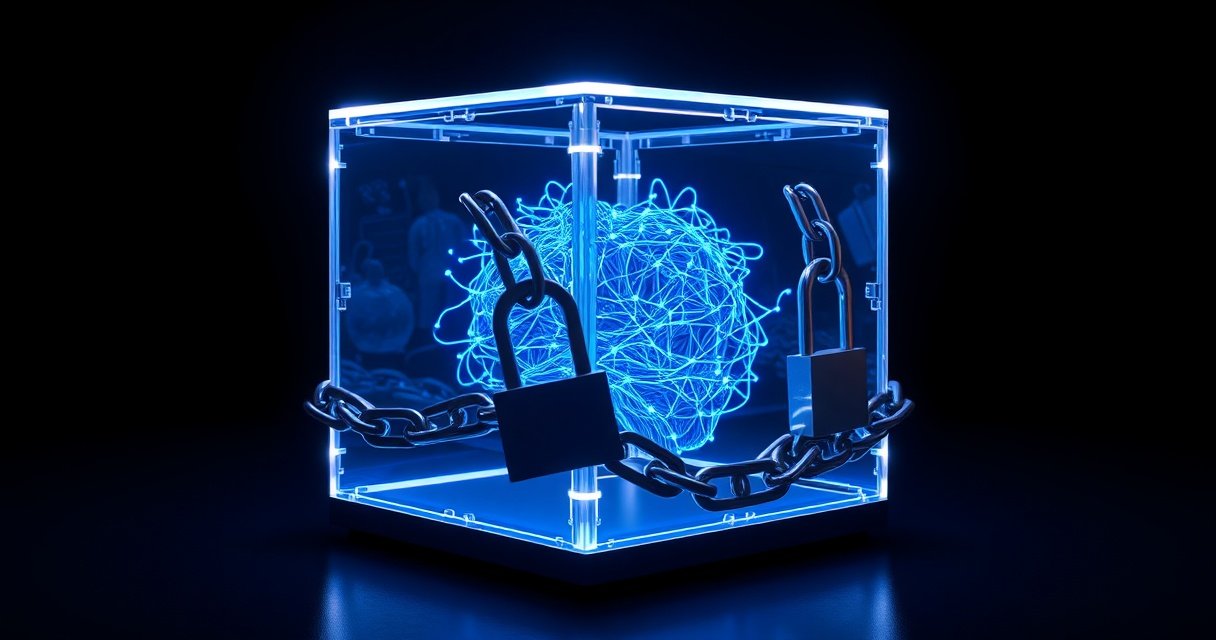 Kõrge eraldusvõimega 3D render tumedast klaaskuubist, milles hõõgub sinakas tehisintellekti võrk, mille ümber on lukustatud metallist ketid ja küberneetilised lukud, cinematic studio valgustus, minimalistlik tume taust