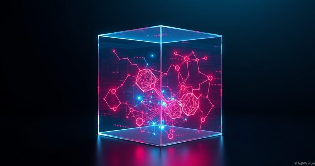 Kõrge eraldusvõimega 3D render tumedal taustal hõõguvast klaaskuubist, mille sees on punased ja sinised digitaalsed haavatavuste ahelad sümboliseerimas AI võimet leida turvaauke tarkvaras, cinematic studio valgustus, sleek tech toode