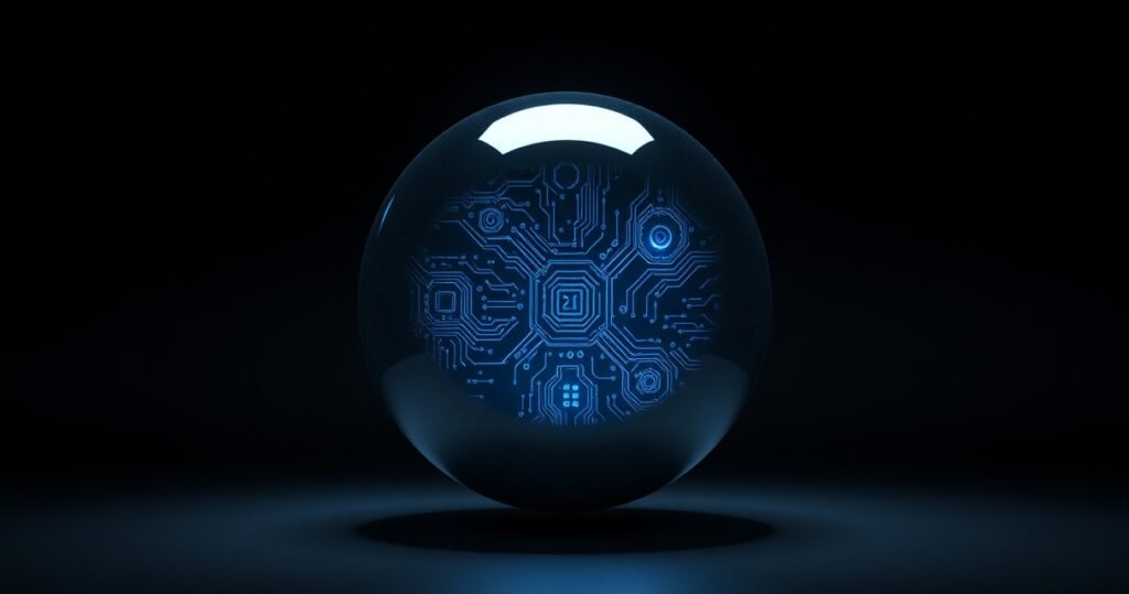Kõrge kvaliteediga 3D render läikivast titaanist sfäärist, mis esindab võimsat AI agenti tumedas minimalistlikus stuudios, sinakate valgussuundade ja peegeldustega, premium tech ajakirja stiilis
