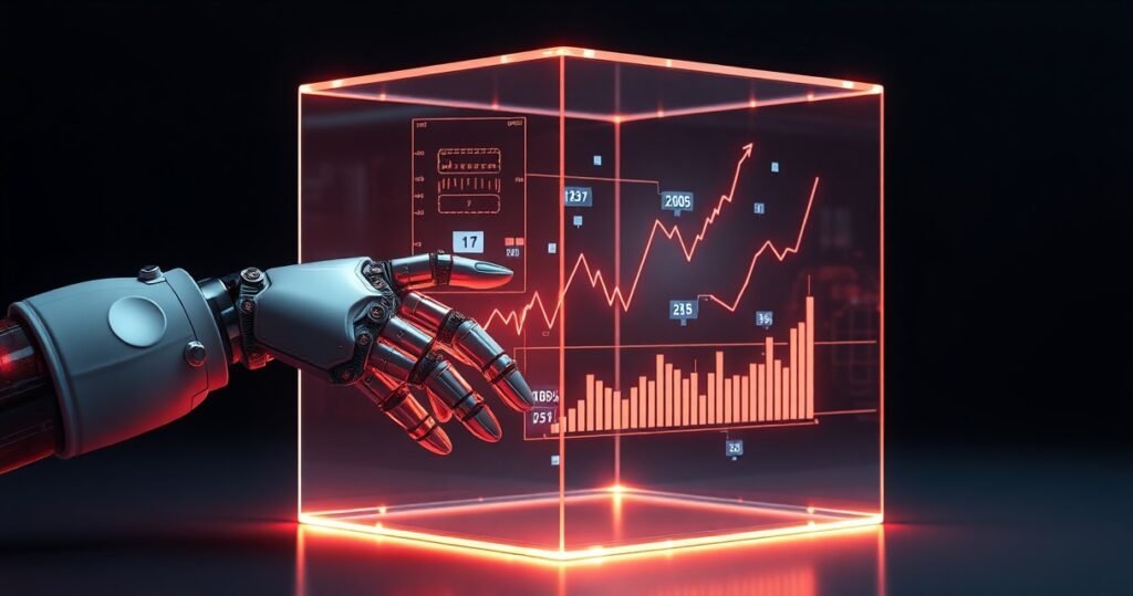 Kõrge resolutsiooniga kinemaatiline stuudiofoto hõõguvast klaaskuubist, mille sees on digitaalne finantsgraafik ja robotkäsi, tumedal minimalistlikul taustal, premium tech toote renderdus