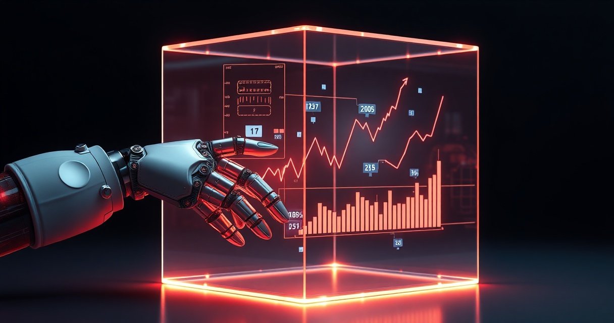 Kõrge resolutsiooniga kinemaatiline stuudiofoto hõõguvast klaaskuubist, mille sees on digitaalne finantsgraafik ja robotkäsi, tumedal minimalistlikul taustal, premium tech toote renderdus