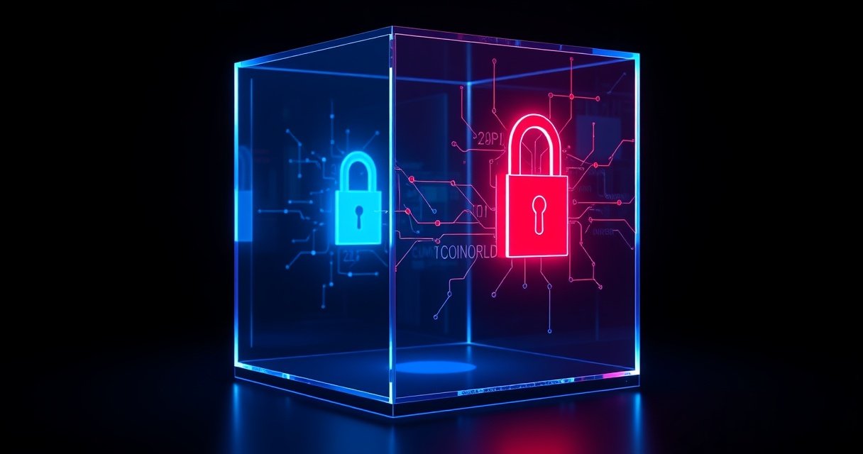 Kõrge resolutsiooniga 3D render läikivast tumesinise klaaskuubist, mille sees hõõgub punane küberturvalisuse võrgustik ja lukustatud digitaalsed lukud, tumedal minimalistlikul taustal, cinematic studio valgustus