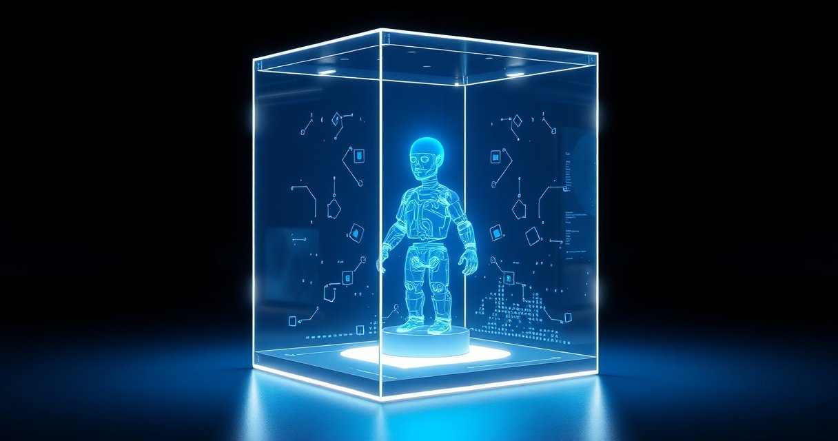 Kõrge resolutsiooniga 3D render läikivast klaaskuubist, mille sees hõõgub sinine digitaalne agent, mis töötab turvalises sandboxis, tumedal minimalistlikul taustal, cinematic stuudiovalgustus