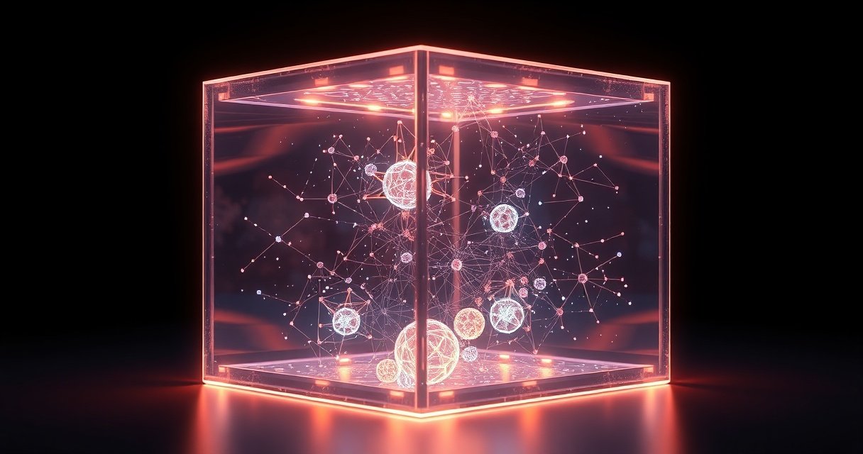 Kõrge eraldusvõimega fotorealistlik makrofotograafia hõõguvast läbipaistvast klaaskuubist, milles on näha peenikesi digitaalseid närvivõrke ja molekulaarstruktuure, tumedal minimalistlikul taustal, premium tech toote render