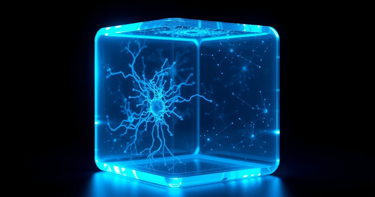 Kõrge resolutsiooniga makrofotograafia hõõguvast sinisest klaaskuubist, mis sümboliseerib AI mudelit Mythos, tumedal minimalistlikul taustal, cinematic studio valgustus