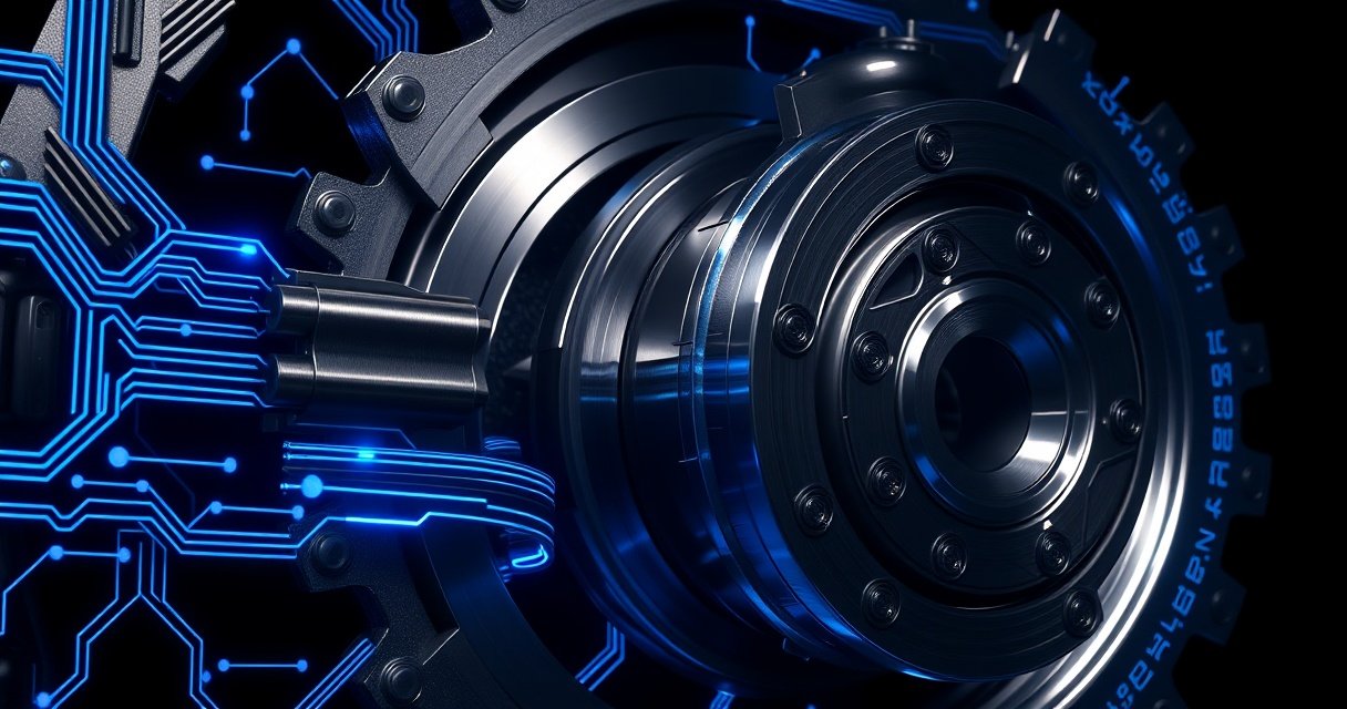 Kõrge eraldusvõimega 3D-renderdus läikivast tööstuslikust roostevabast terasest hammasratast, mis on ümbritsetud peenikeste hõõguvate siniste andmevoogudega tumedal taustal, cinematic stuudio valgustus