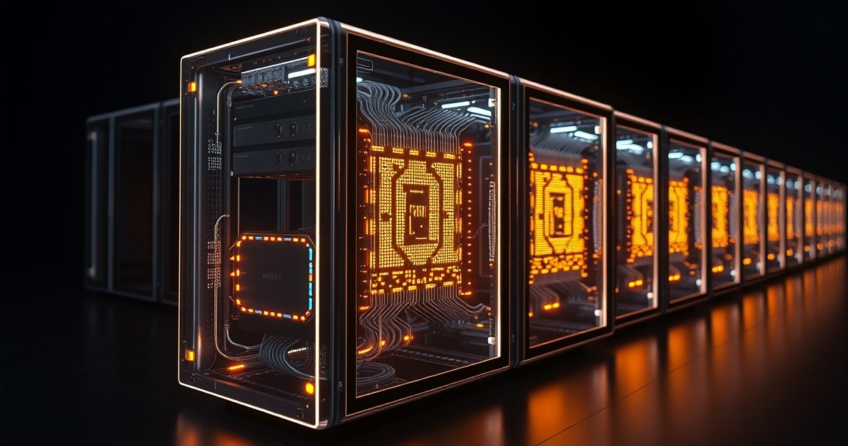 Kõrge eraldusvõimega 3D render tumedast klaasist serveririiulist, mis hõõgub sinakasrohelise valgusega, sümboliseerides 5 gigavatti arvutusvõimsust ja hiiglaslikku AI infrastruktuuri tehingut tumedal minimalistlikul taustal