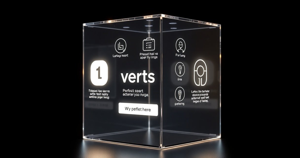 Kõrge eraldusvõimega 3D-renderdus hõõguvast klaaskuubist, milles peegelduvad koodiread, täiuslikud tekstid ja professionaalsed infograafikud tumedal minimalistlikul taustal, cinematic stuudio valgustus