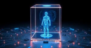 Kõrge resolutsiooniga 3D-renderdus läikivast klaaskuubist, milles hõõgub sinine digitaalne agent-ikoon, ümbritsetud peente TPU-kiipide ja andmevoogudega tumedal minimalistlikul taustal, premium tech blogi stiilis.