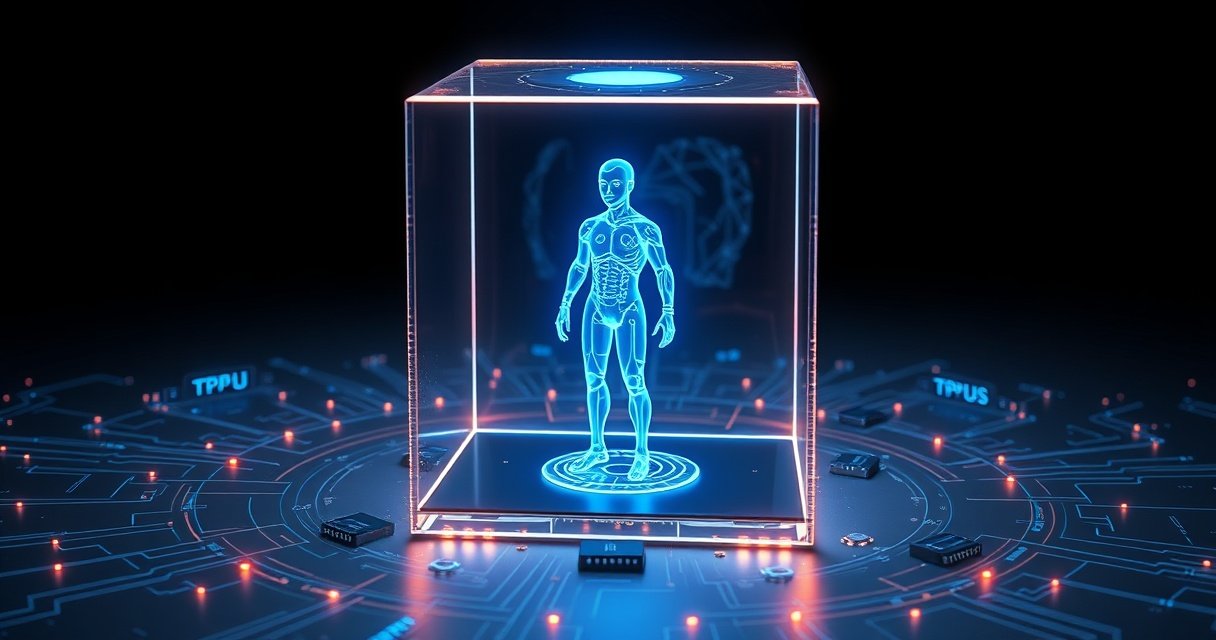 Kõrge resolutsiooniga 3D-renderdus läikivast klaaskuubist, milles hõõgub sinine digitaalne agent-ikoon, ümbritsetud peente TPU-kiipide ja andmevoogudega tumedal minimalistlikul taustal, premium tech blogi stiilis.