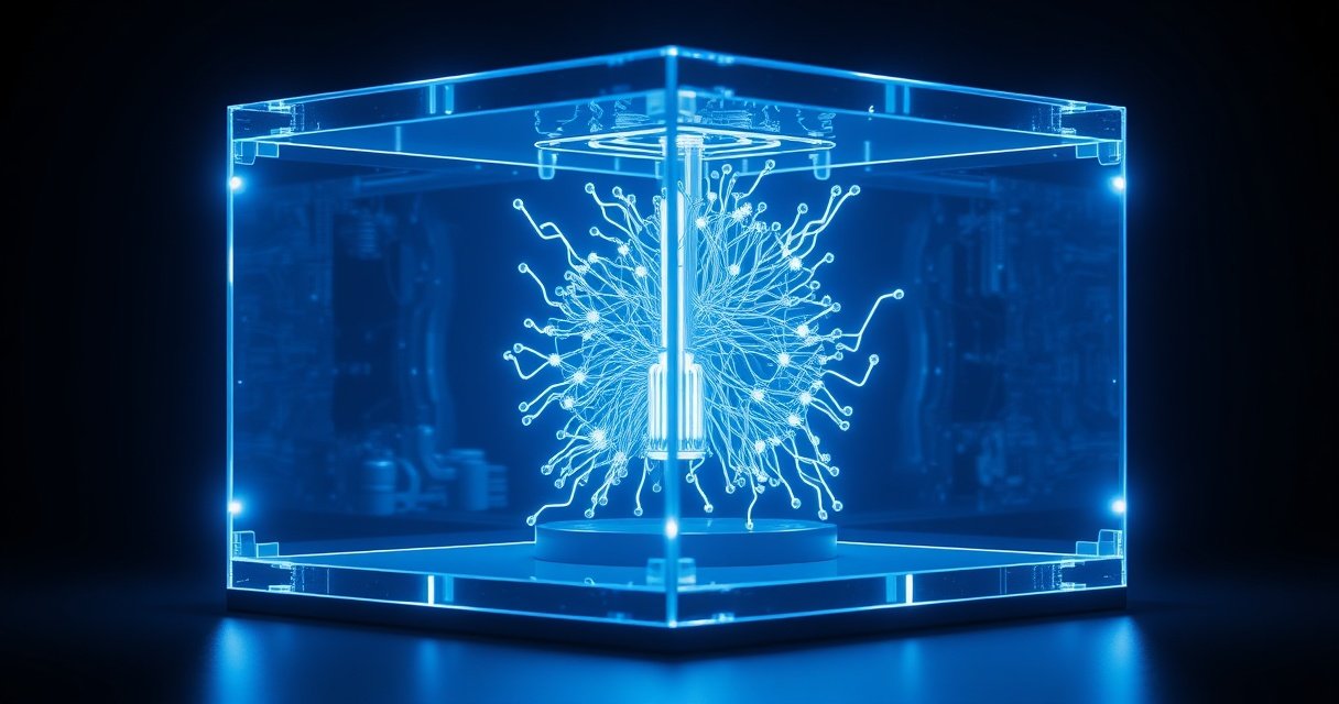 Kõrge eraldusvõimega 3D render läikivast klaaskuubist, milles hõõgub sinakas GPT-5.5 silti esindav digitaalne aju, tumedal minimalistlikul taustal, cinematic stuudio valgustusega premium tech tootefotona