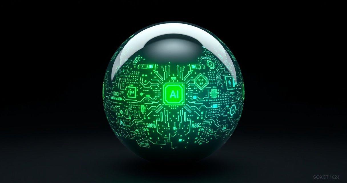 Kõrge eraldusvõimega 3D render läikivast titaanist sfäärist, mis on poolenisti kaetud hõõguvate roheliste ja siniste AI-kiipide mustriga, tumedal minimalistlikul taustal, cinematic stuudio valgustusega, premium tech blogi stiilis tootefotona