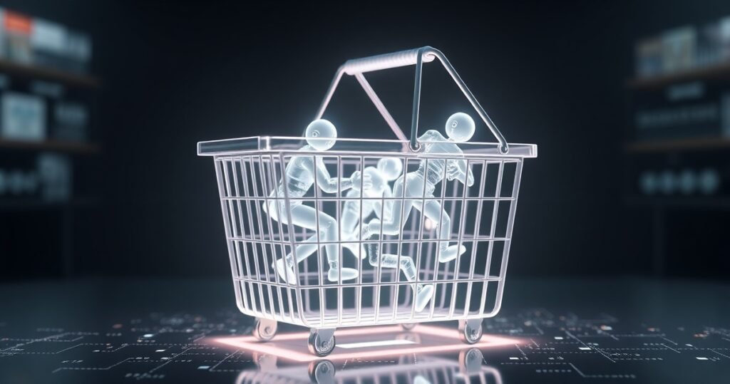 Kõrge resolutsiooniga 3D-renderdatud klaasist ostukorv, mis hõõgub sinakalt ja sisaldab väikseid hõõguvaid AI-agente digitaalse turuplatsi keskel, tumedal minimalistlikul taustal, cinematic stuudio valgustus